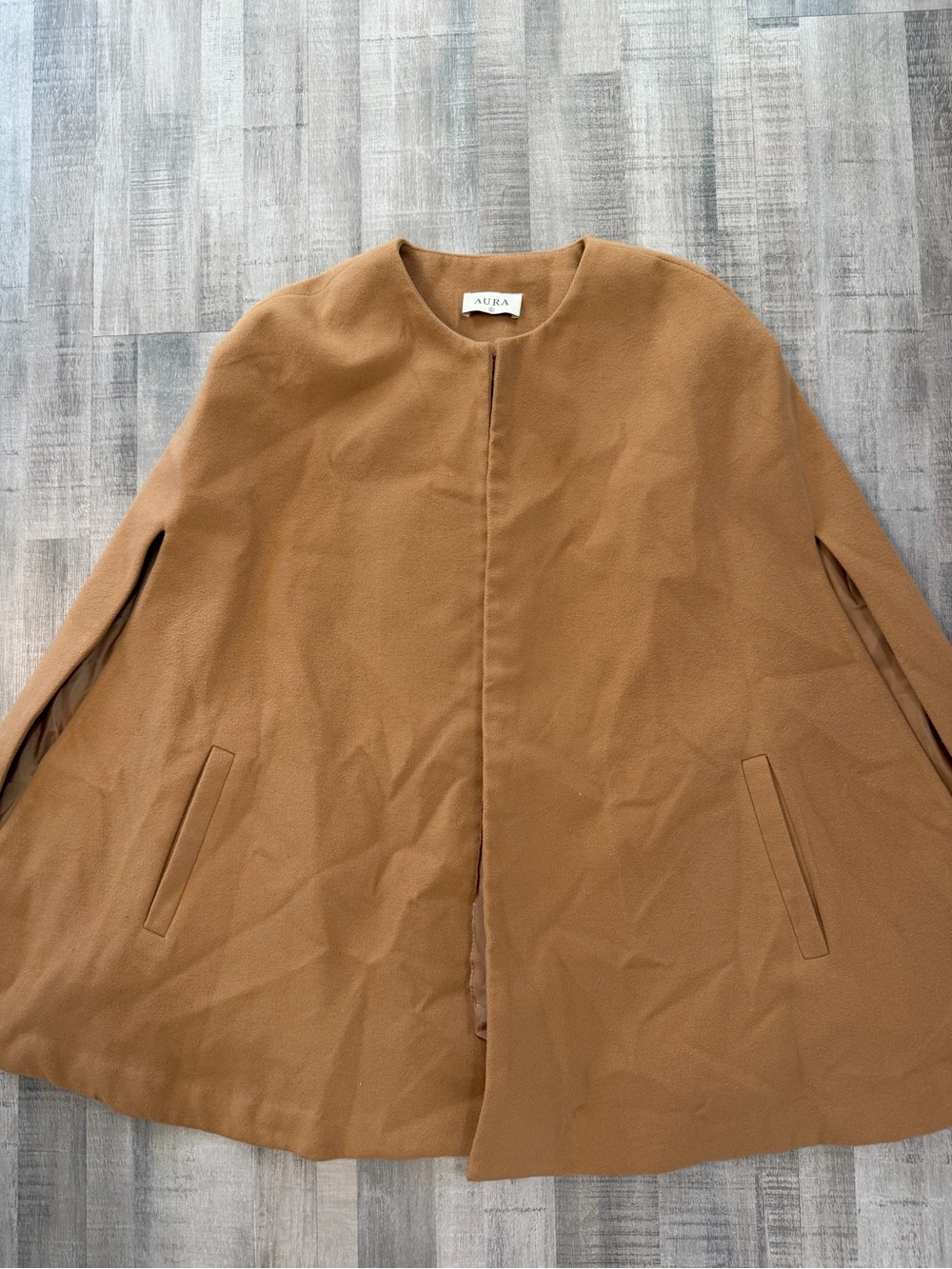 AURA Cape Coat Womens Large Camel Tan Collarless Lined Poncho Jacket Pockets